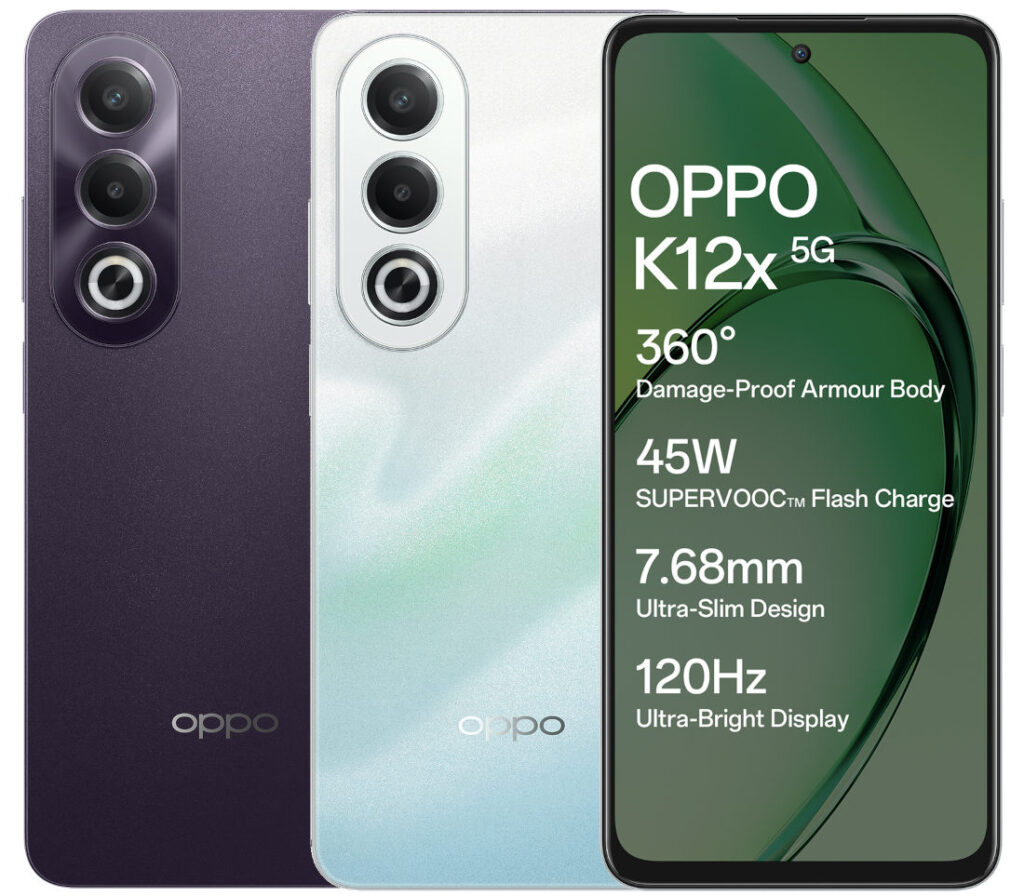 OPPO K12x 5G ભારતમાં ₹12,999માં લૉન્ચ કરવામાં આવ્યો, જેમાં અલ્ટ્રા-સ્લિમ 7.68mm મિલિટ્રી-ગ્રેડ ડ્યુરેબલ ડિઝાઇન, ડાયમેન્સિટી 6300, 8GB+256GB સુધીનું મોડલ, 45W ફાસ્ટ ચાર્જિંગ, 120Hz સ્ક્રીન, સ્પ્લેશ ટચ, પાંડા ગ્લાસ અને વધુ સુવિધાઓ છે.