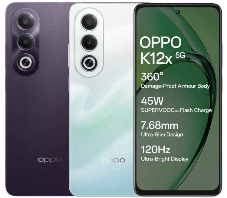 OPPO K12x 5G ભારતમાં ₹12,999માં લૉન્ચ કરવામાં આવ્યો, જેમાં અલ્ટ્રા-સ્લિમ 7.68mm મિલિટ્રી-ગ્રેડ ડ્યુરેબલ ડિઝાઇન, ડાયમેન્સિટી 6300, 8GB+256GB સુધીનું મોડલ, 45W ફાસ્ટ ચાર્જિંગ, 120Hz સ્ક્રીન, સ્પ્લેશ ટચ, પાંડા ગ્લાસ અને વધુ સુવિધાઓ છે.