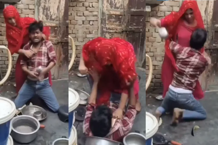 Viral Video: ચોંકાવનારો! આ કારણથી ગુસ્સે થયેલી પત્નીએ પતિને બ્લેક એન્ડ બ્લુ માર્યો, નેટીઝન્સ કહે છે 'દેશી WWE'