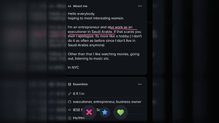 'સાઉદી અરેબિયામાં જલ્લાદ તરીકે કામ કરો': ન્યૂયોર્કના માણસે ડેટિંગ એપ પર 'ડાર્ક હોબી'ની યાદી બનાવી