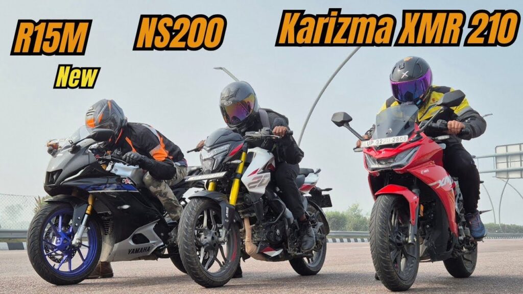 Hero Karizma XMR 210 vs Yamaha R15M vs Bajaj Pulsar NS200 ડ્રેગ રેસ