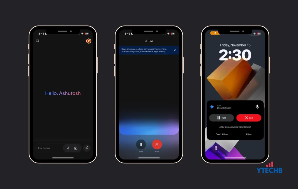 iPhone પર Gemini Live Now સાથે Google Gemini એપ્લિકેશન